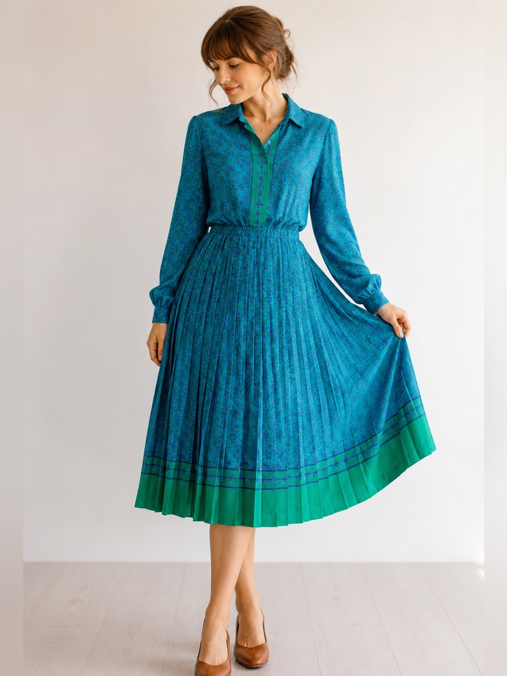 Vintage 80s Leslie Fay Secretary Midi Dress Pleated Cottagecore Teacher Prairie